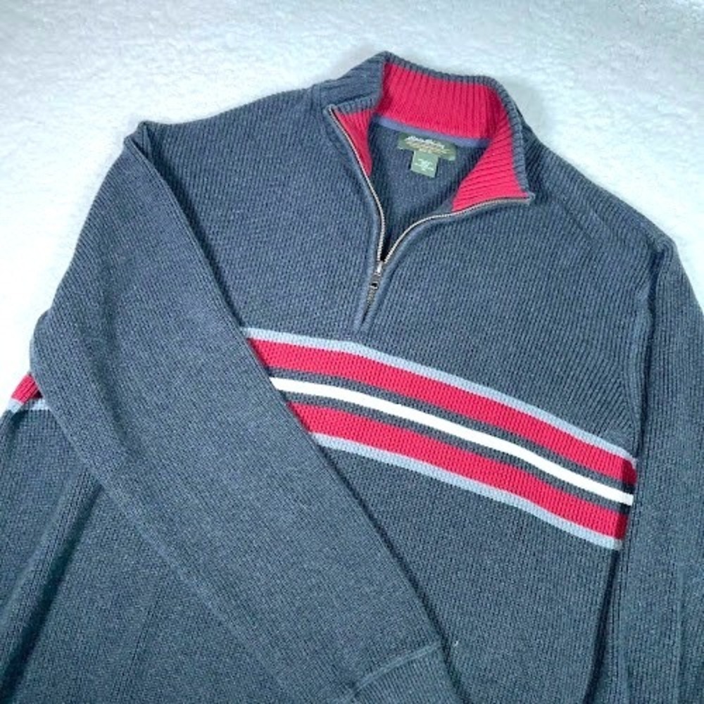 Eddie Bauer 1/4 Zip Pullover Sweater mens XL knit Gray Red Casual Winter Cozy